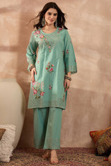 blue pure cotton embroidered straight coord sets