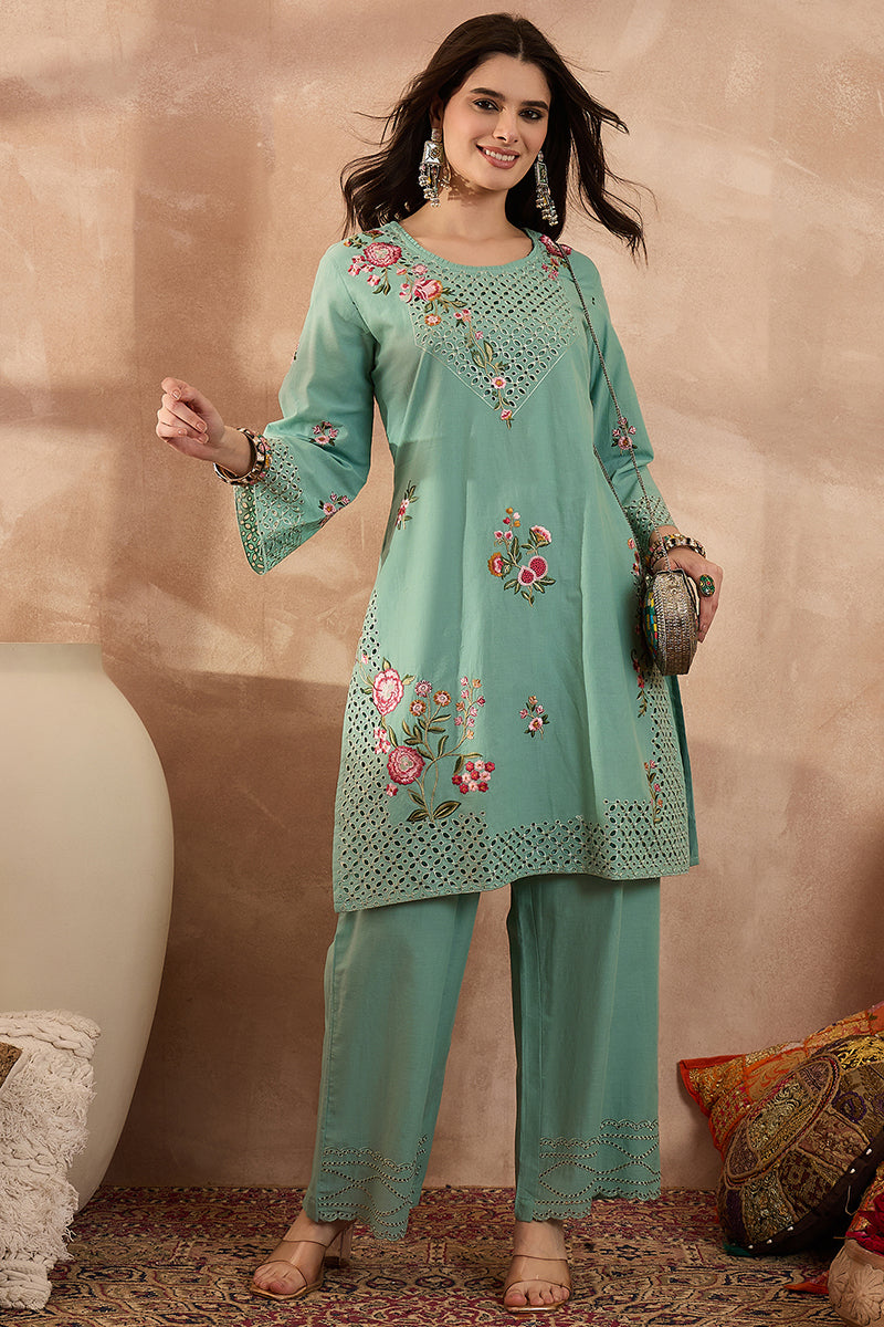 blue pure cotton embroidered straight coord sets