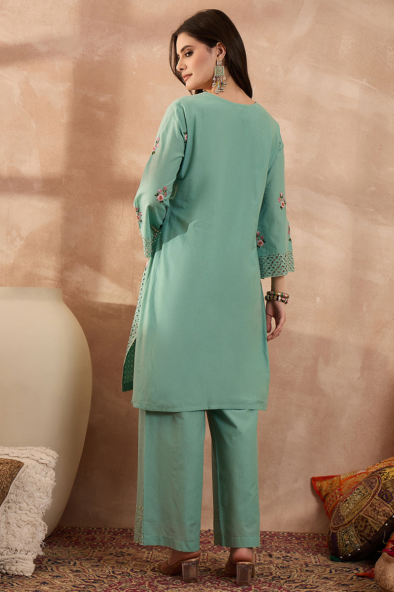 blue pure cotton embroidered straight coord sets