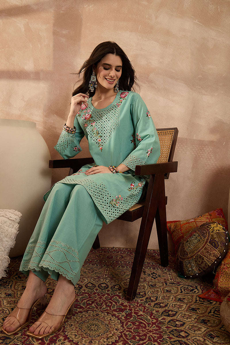 blue pure cotton embroidered straight coord sets