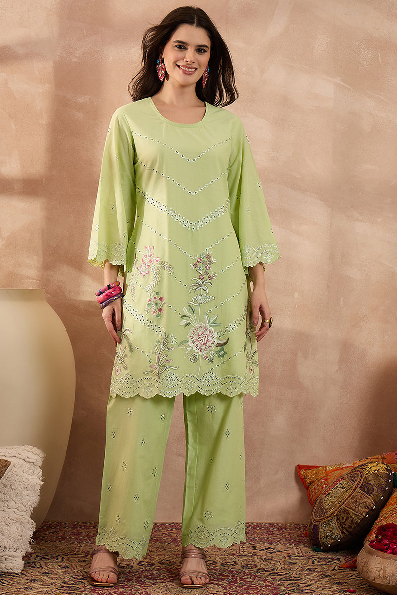 green pure cotton embroidered scalloped coord sets