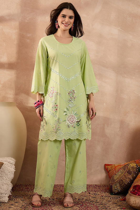 green pure cotton embroidered scalloped coord sets