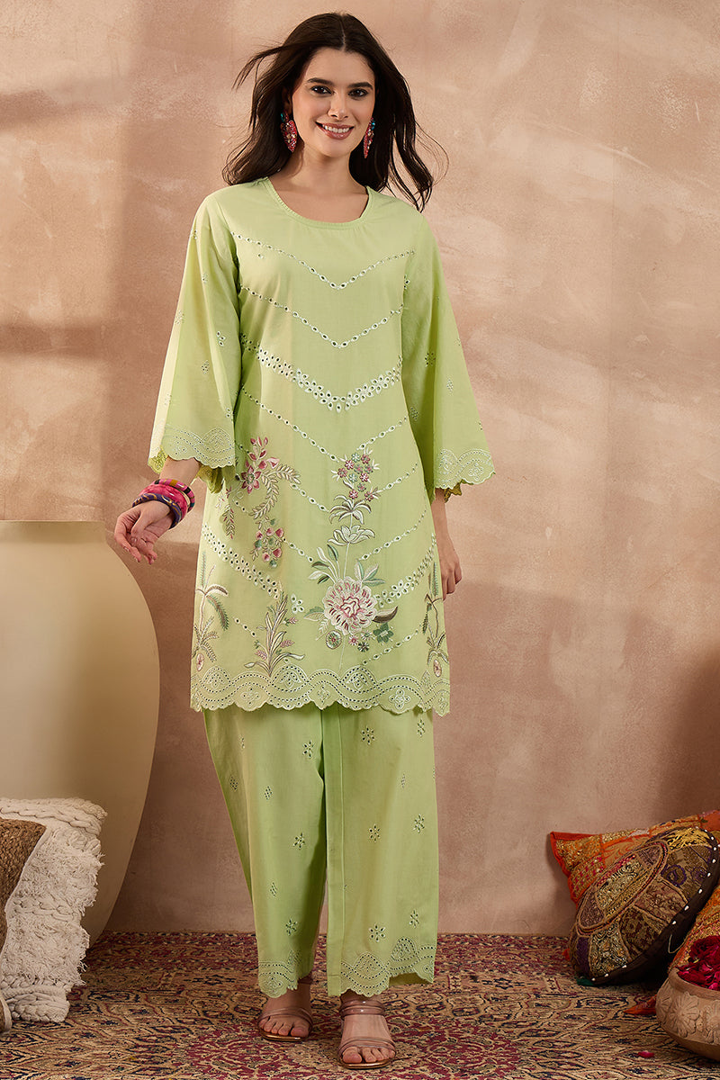 green pure cotton embroidered scalloped coord sets