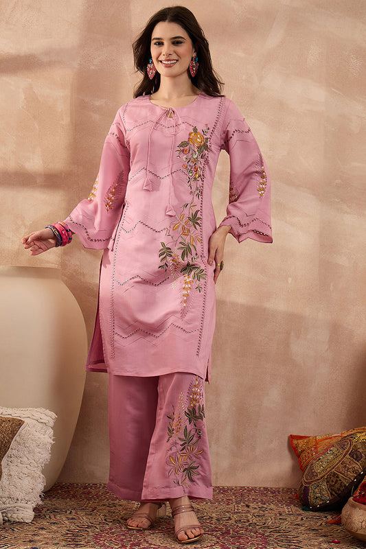 pink silk blend embroidered straight coord sets