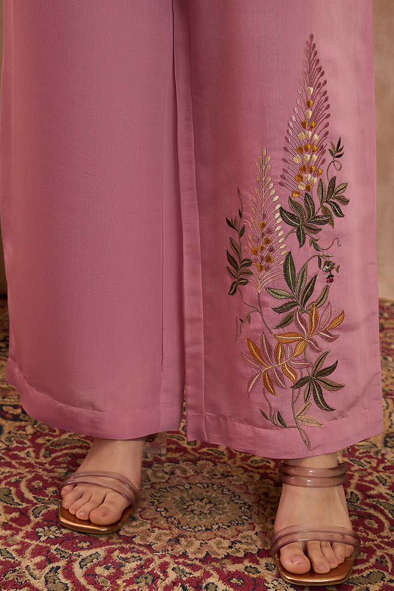 pink silk blend embroidered straight coord sets