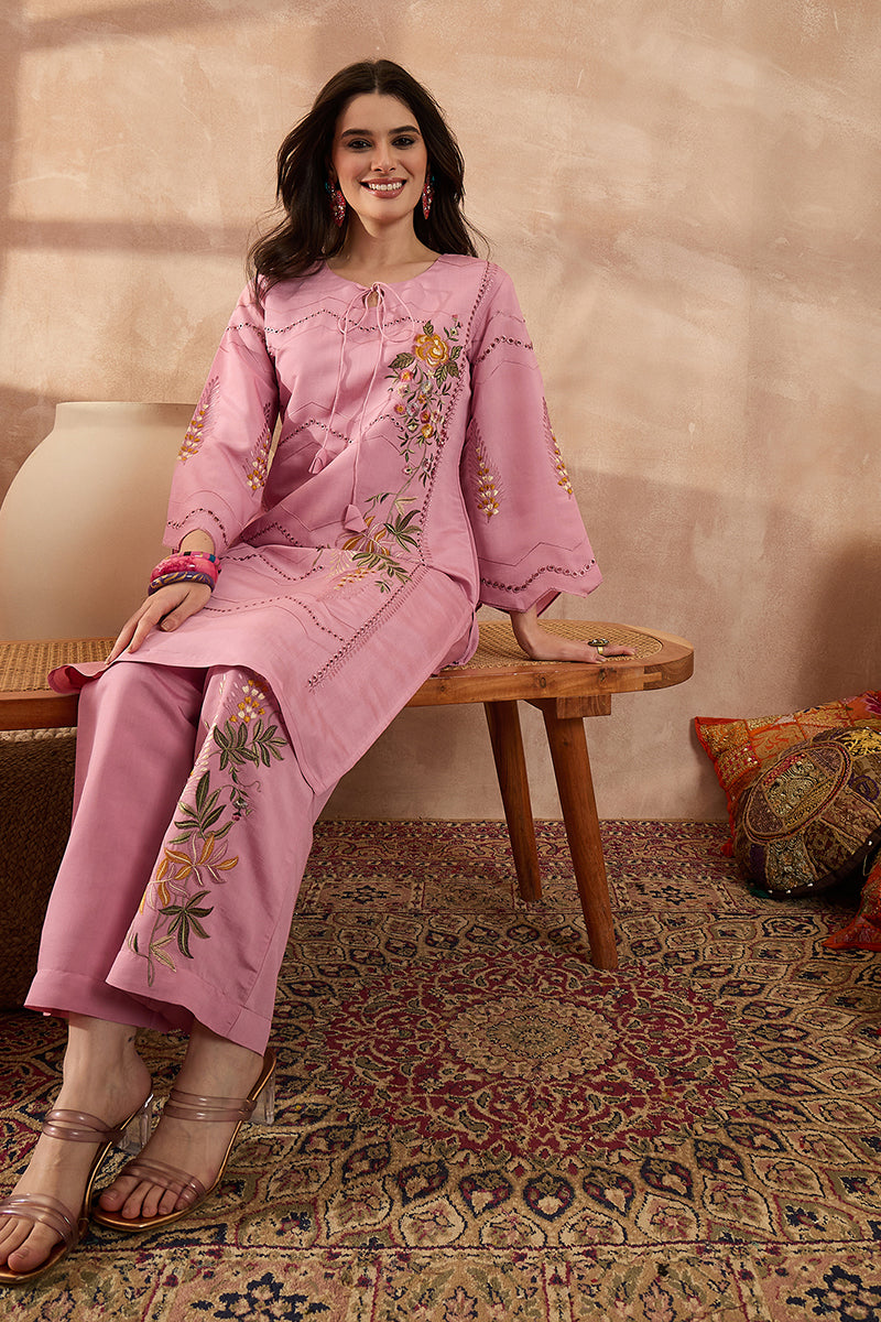 pink silk blend embroidered straight coord sets
