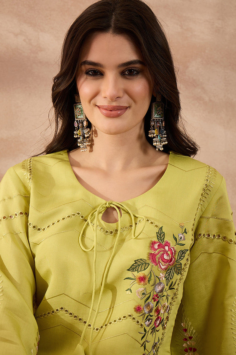 green silk blend embroidered straight coord sets