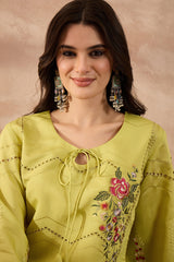 green silk blend embroidered straight coord sets