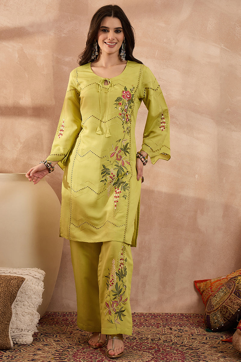 green silk blend embroidered straight coord sets