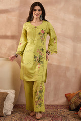 green silk blend embroidered straight coord sets
