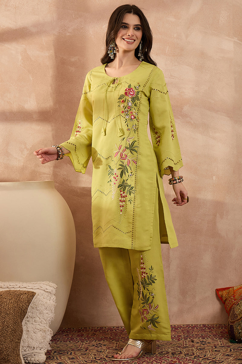 green silk blend embroidered straight coord sets
