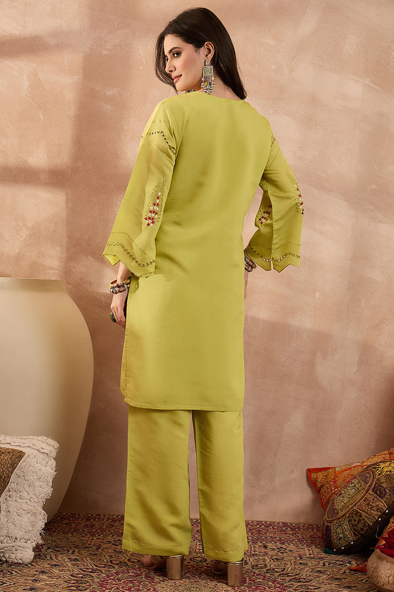 green silk blend embroidered straight coord sets