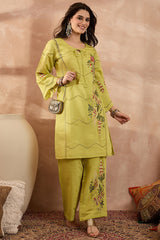green silk blend embroidered straight coord sets