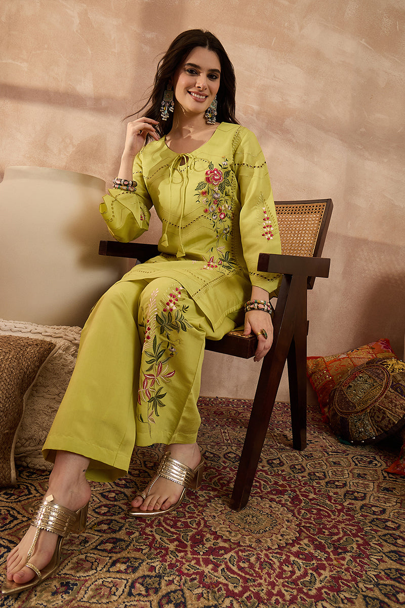 green silk blend embroidered straight coord sets