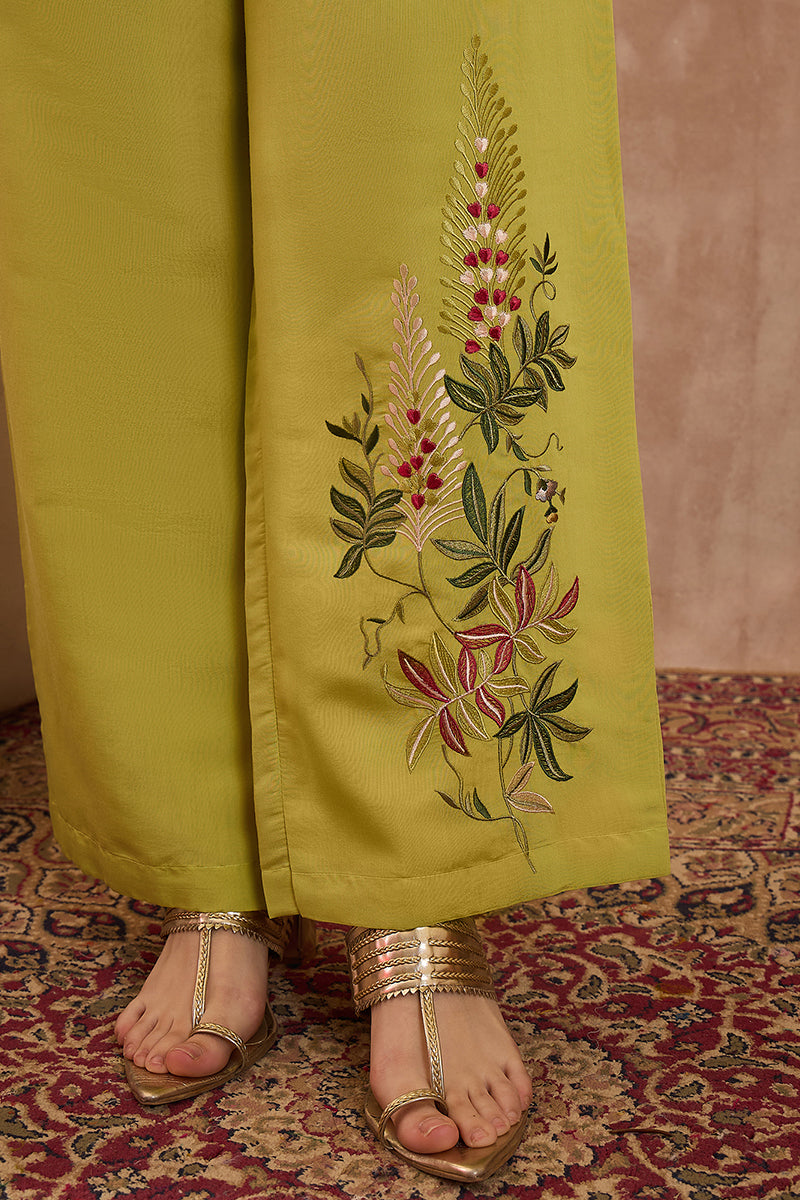 green silk blend embroidered straight coord sets