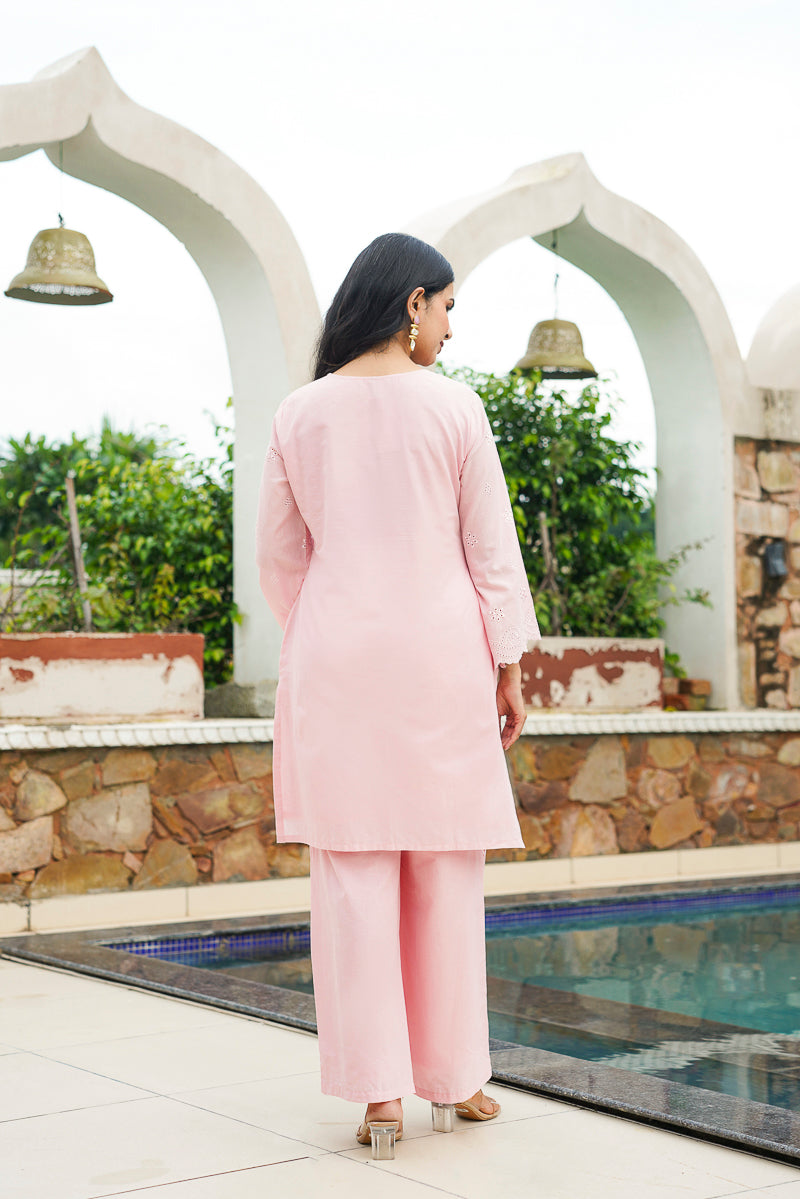 pink pure cotton solid embroidered coord sets