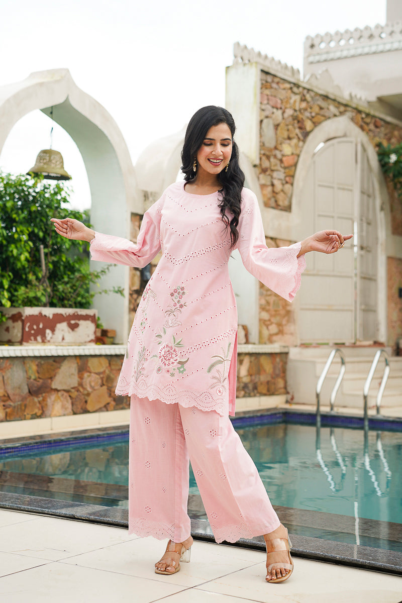 pink pure cotton solid embroidered coord sets