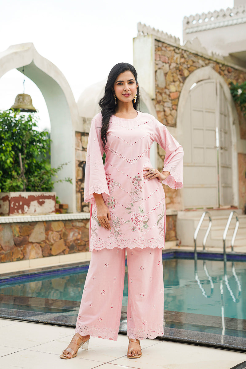 pink pure cotton solid embroidered coord sets