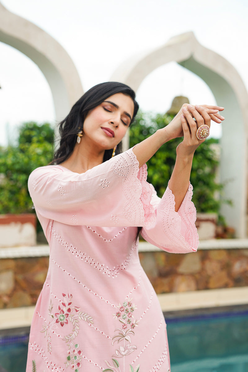 pink pure cotton solid embroidered coord sets