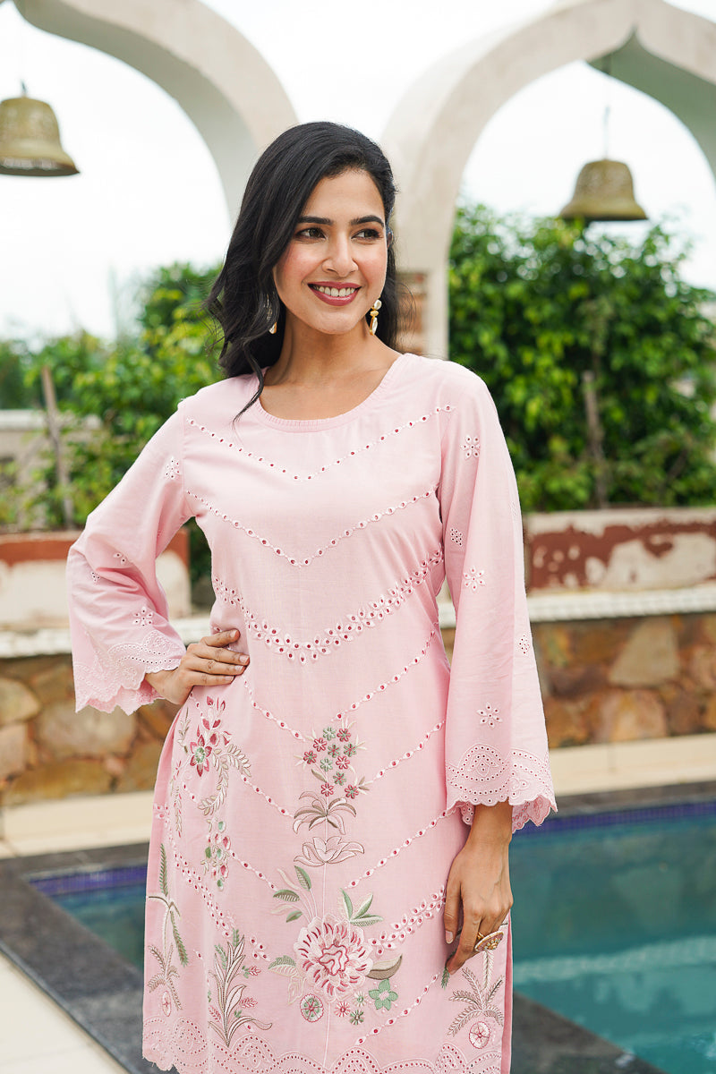 pink pure cotton solid embroidered coord sets