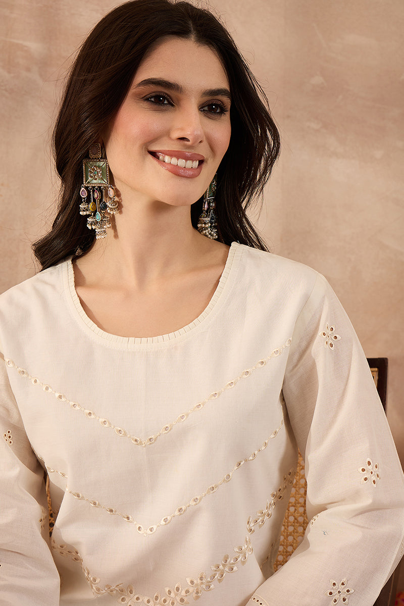 off white pure cotton embroidered scalloped coord sets