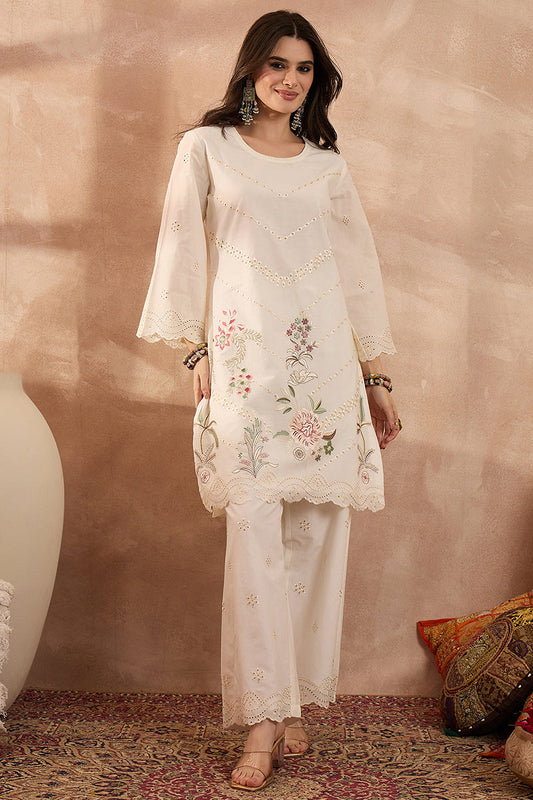 off white pure cotton embroidered scalloped coord sets