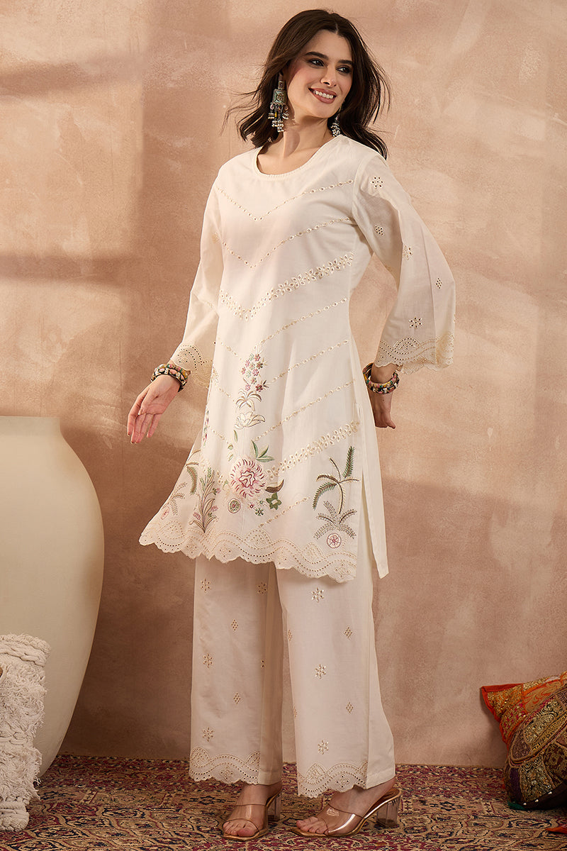 off white pure cotton embroidered scalloped coord sets