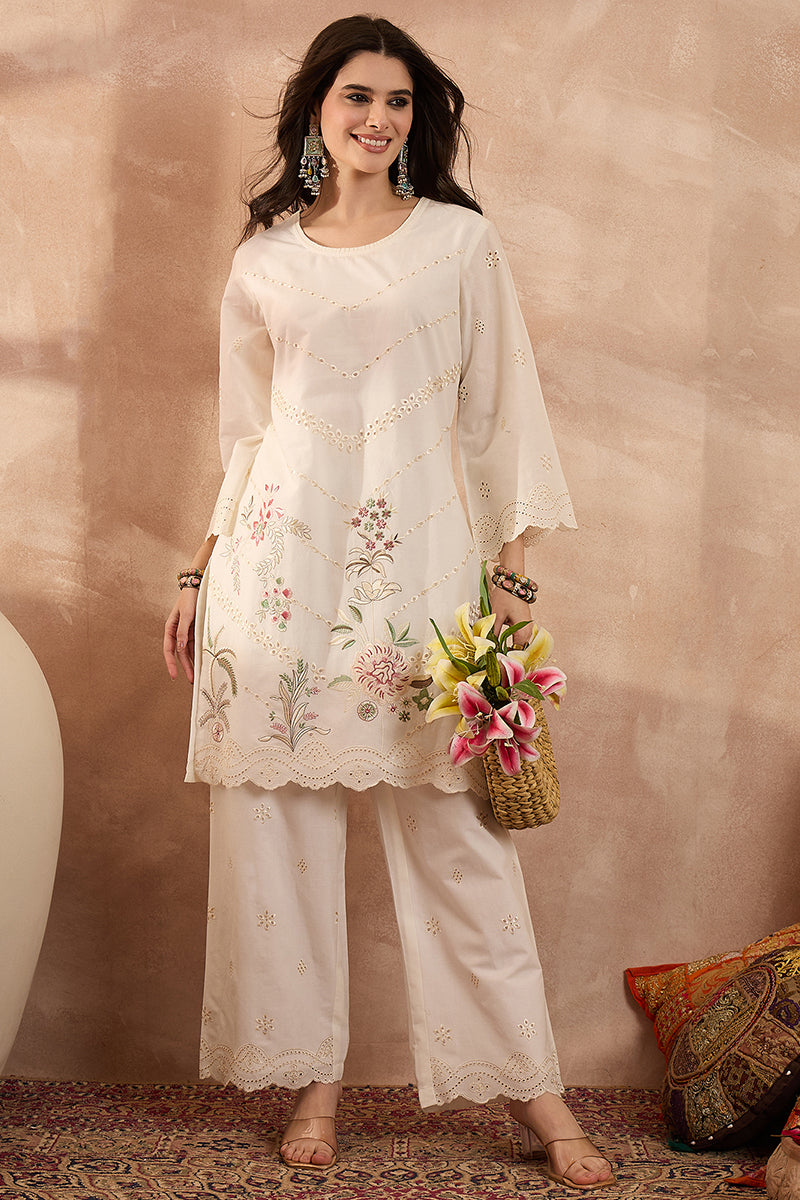 off white pure cotton embroidered scalloped coord sets