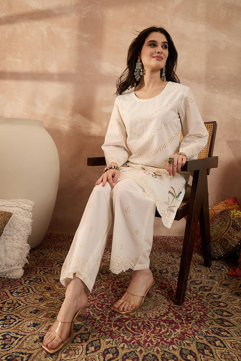 off white pure cotton embroidered scalloped coord sets