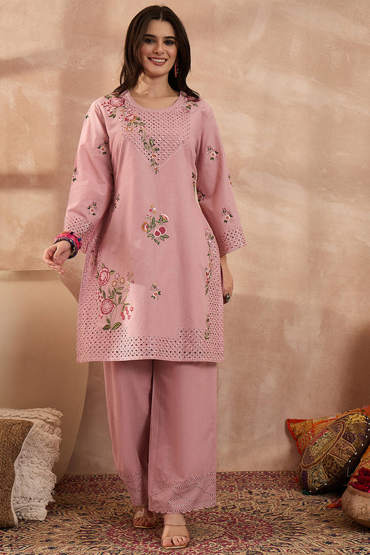 pink pure cotton embroidered straight coord sets