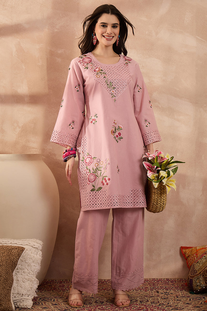 pink pure cotton embroidered straight coord sets