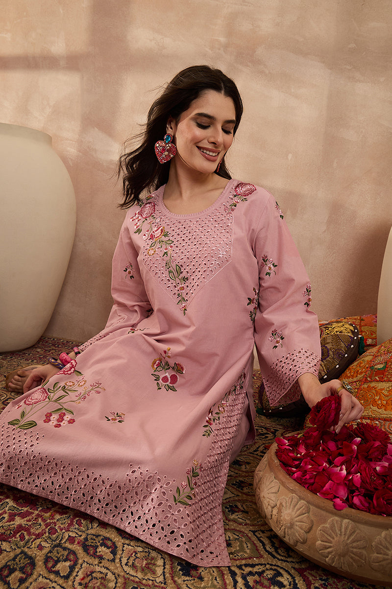 pink pure cotton embroidered straight coord sets