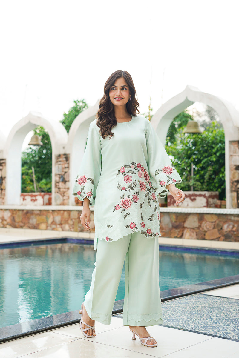 Green Silk Blend Solid Embroidered Coord Sets