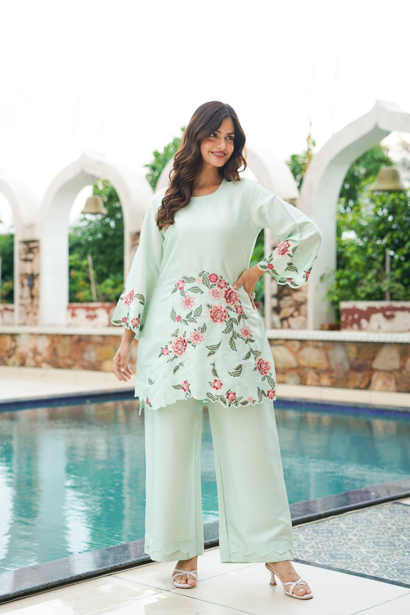 Green Silk Blend Solid Embroidered Coord Sets