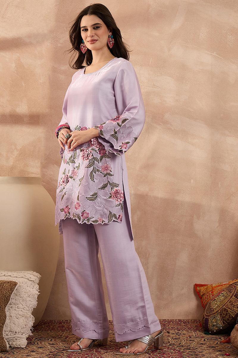 Lavender Silk Blend Embroidered Scalloped Coord Sets
