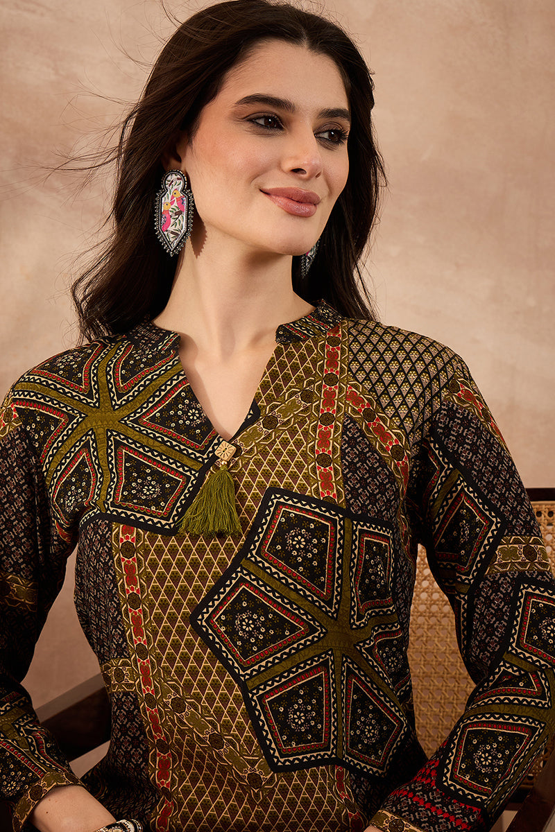 Green Viscose Rayon Printed Straight Coord Sets