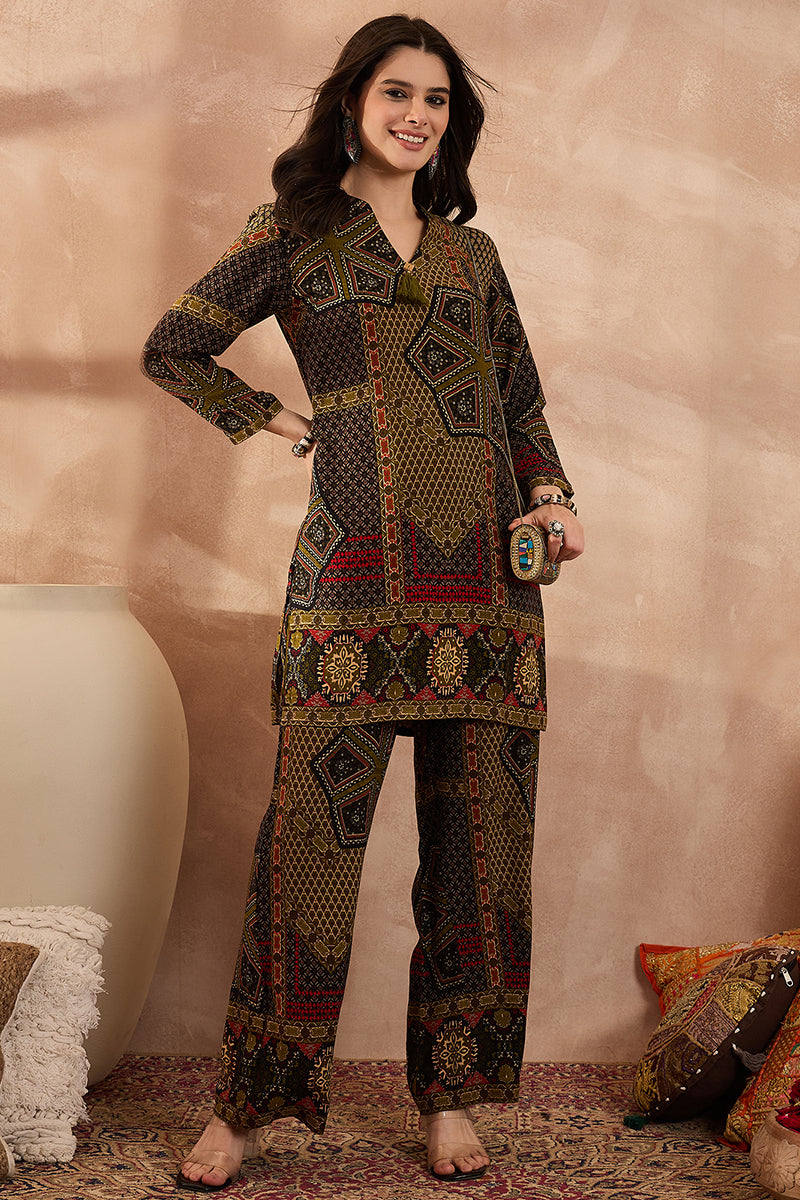 Green Viscose Rayon Printed Straight Coord Sets