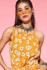 mustard polyester sleeveless floral print jumpsuit