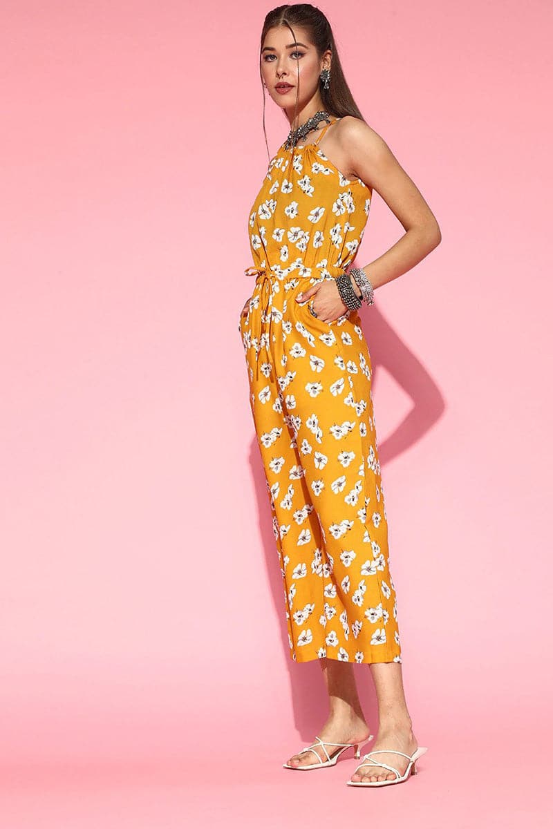 mustard polyester sleeveless floral print jumpsuit