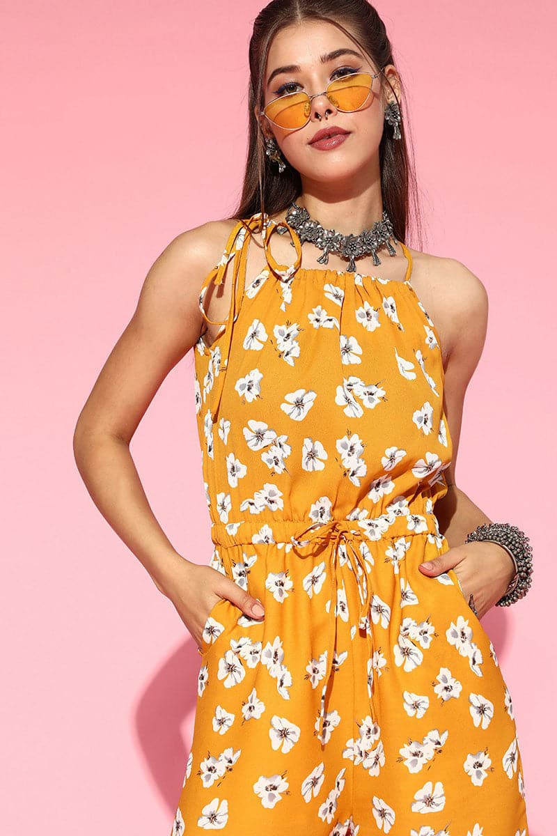 mustard polyester sleeveless floral print jumpsuit