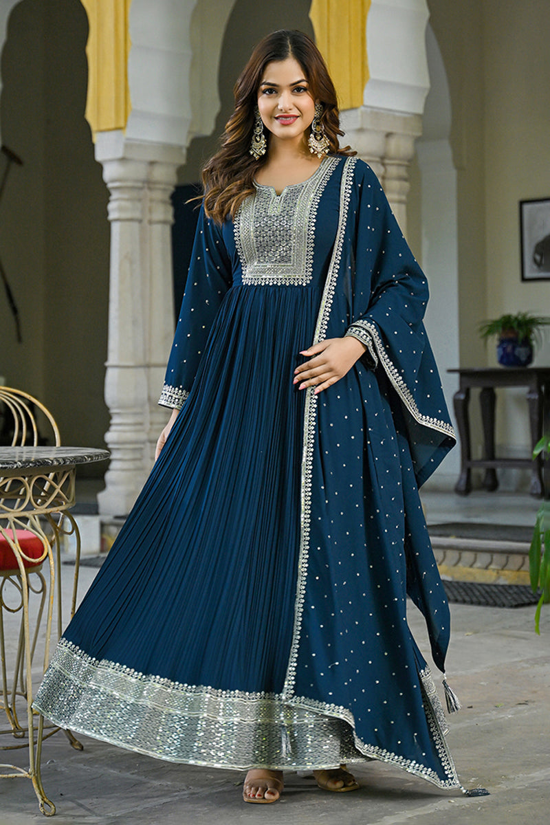 teal blue georgette solid yoke design anarkali suit set vkset1473