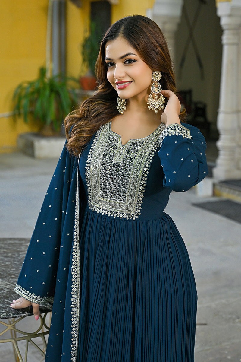 teal blue georgette solid yoke design anarkali suit set vkset1473