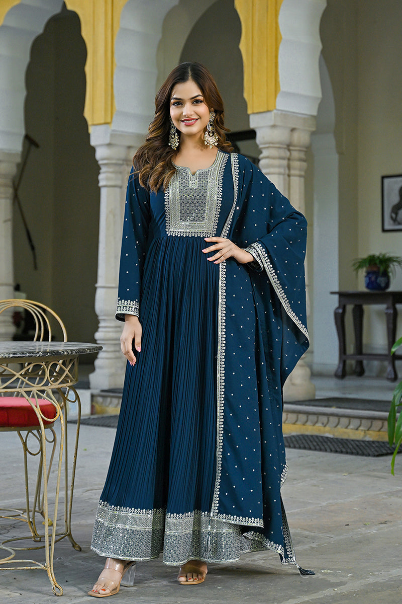 teal blue georgette solid yoke design anarkali suit set vkset1473
