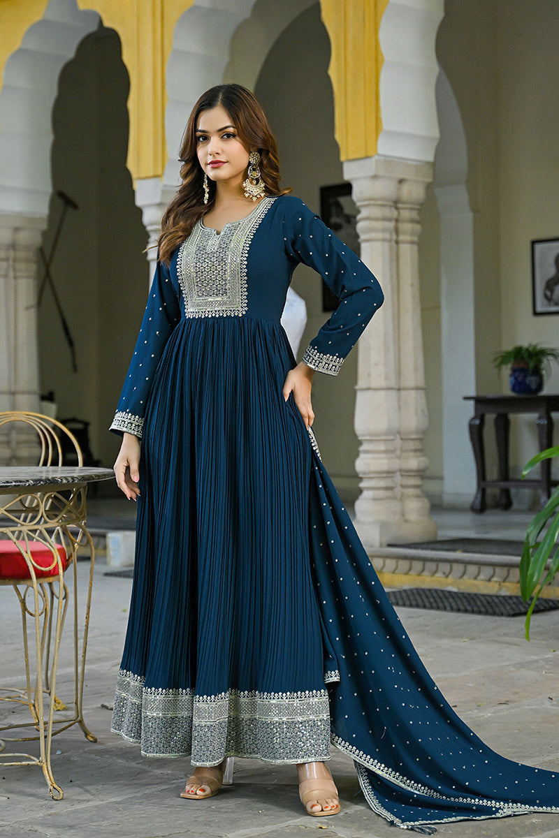 teal blue georgette solid yoke design anarkali suit set vkset1473