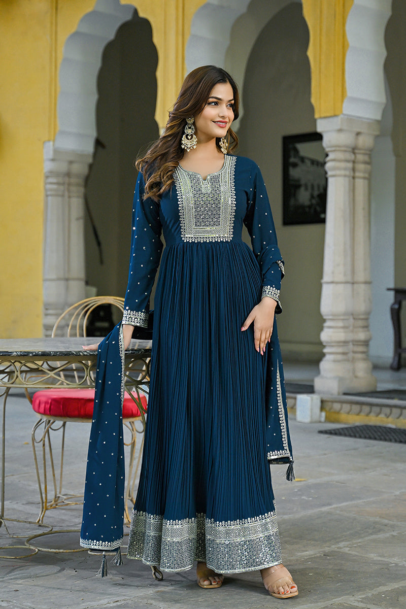 teal blue georgette solid yoke design anarkali suit set vkset1473