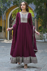 magenta georgette solid yoke design sequined anarkali kurta set