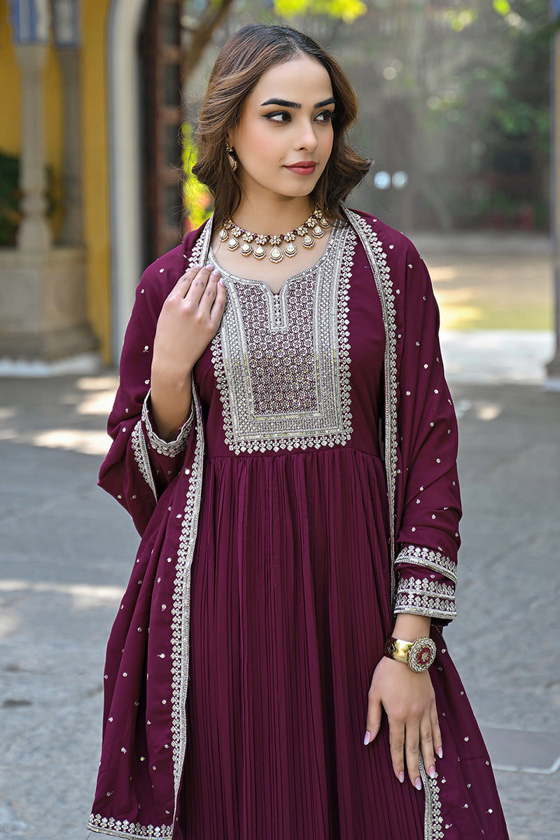 magenta georgette solid yoke design sequined anarkali kurta set