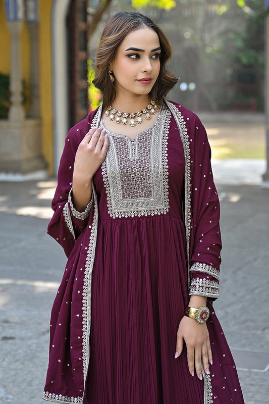 magenta georgette solid yoke design sequined anarkali kurta set