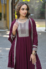 magenta georgette solid yoke design sequined anarkali kurta set