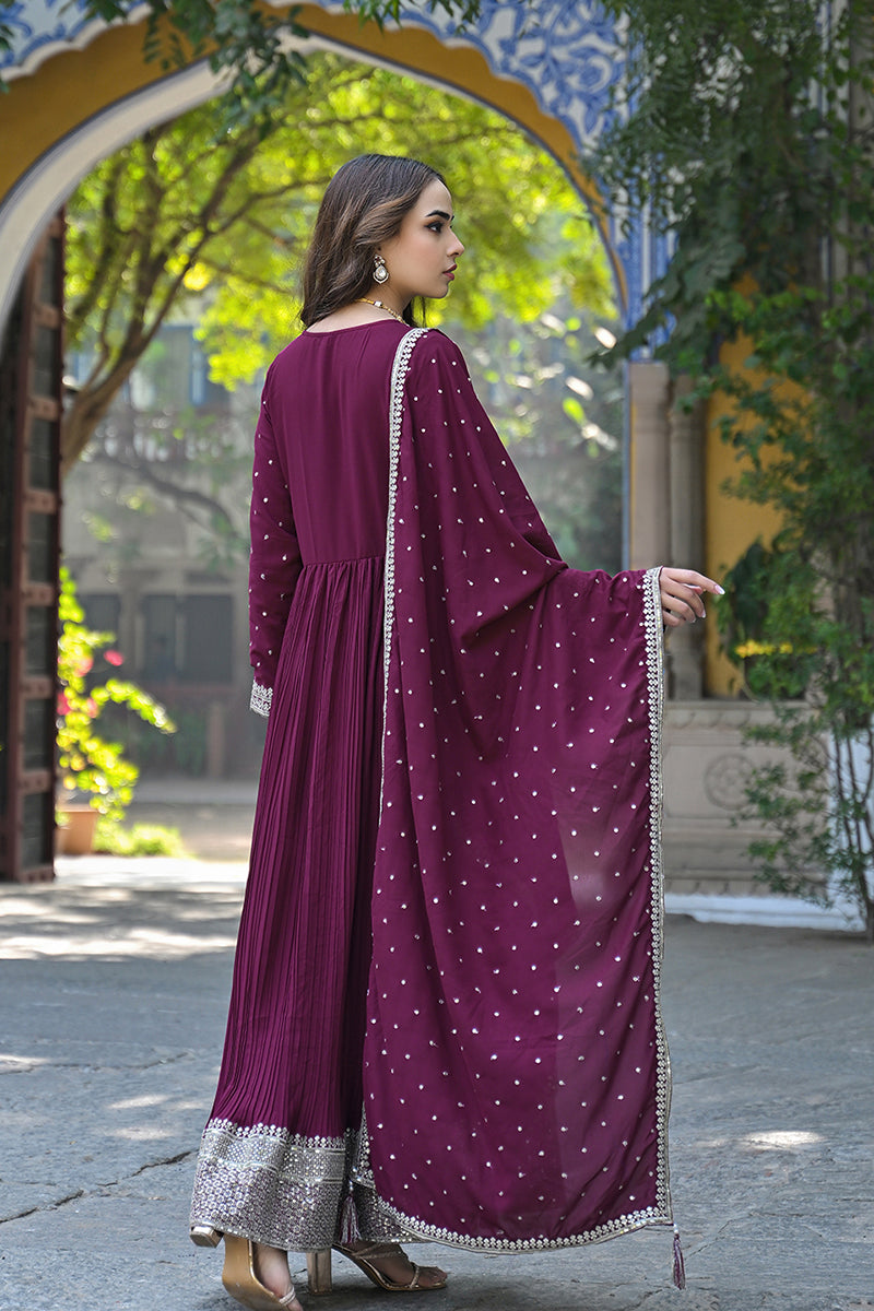 magenta georgette solid yoke design sequined anarkali kurta set